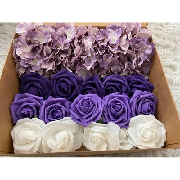 20 count | Purple Shades Hydrangeas White Roses Wedding Flowers Bouquet - Picture 3 of 6